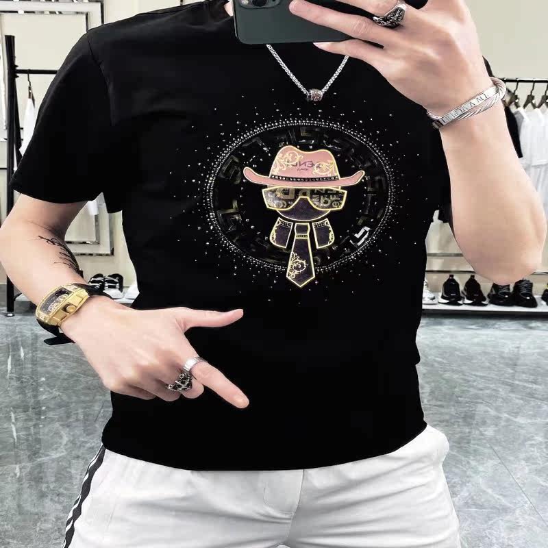 Retro wild cotton solid color loose short-sleeved bottoming shirt T-shirt men and women T-shirt tide short-sleeved clothes printing hot drill t