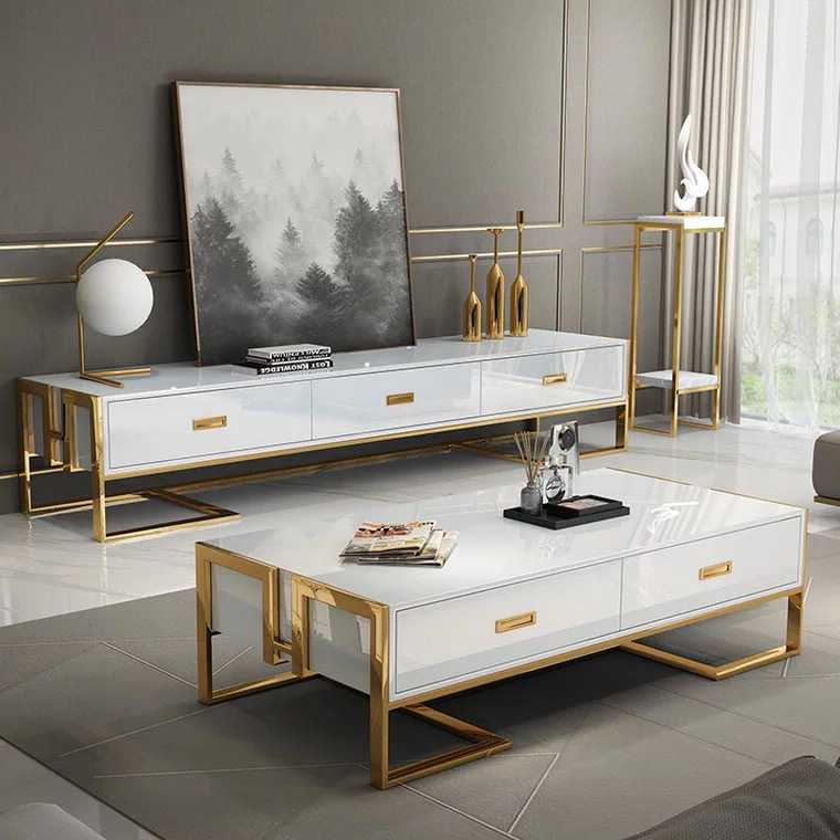 Post-modern tea table light luxury stainless steel gold-plated paint tea table simple tempered glass tea table TV cabinet combination