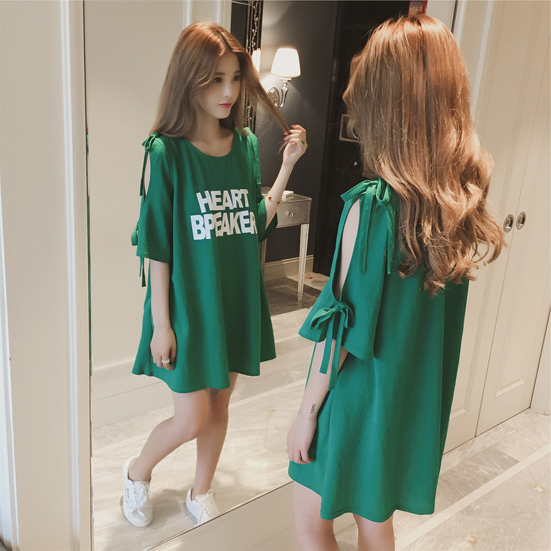 Summer New Off-Shoulder T-Shirt Women's Nightgown Plus Size Loose Mid-Length Cotton Loungewear Thin Pajamas for Outerwear