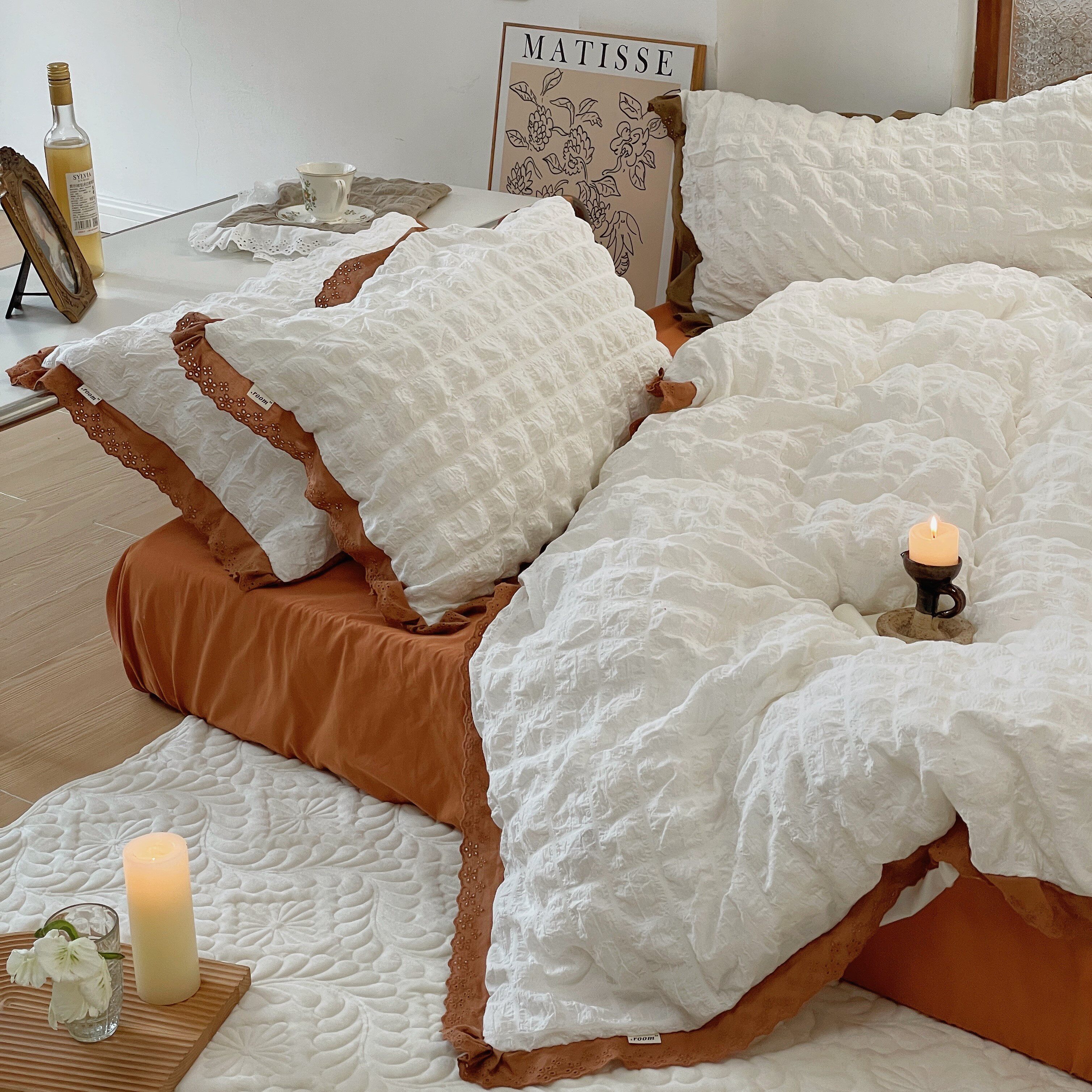 White Day Dream State of Minds Han Style Bubble Yarn Full Cotton Girl Hearts Four Pieces Of Pure Cotton Soft Princess Folds Quilt Cover