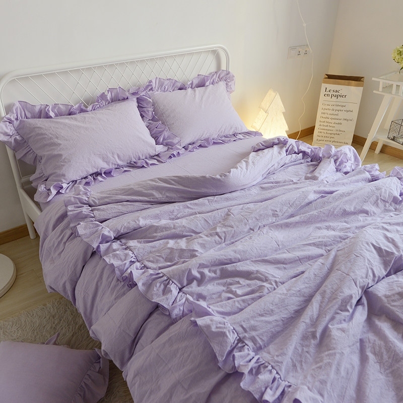 Han style all-cotton pure color lace washed cotton four pieces of cover minimalist fashion field lotus leaf side quilt cover bed linen