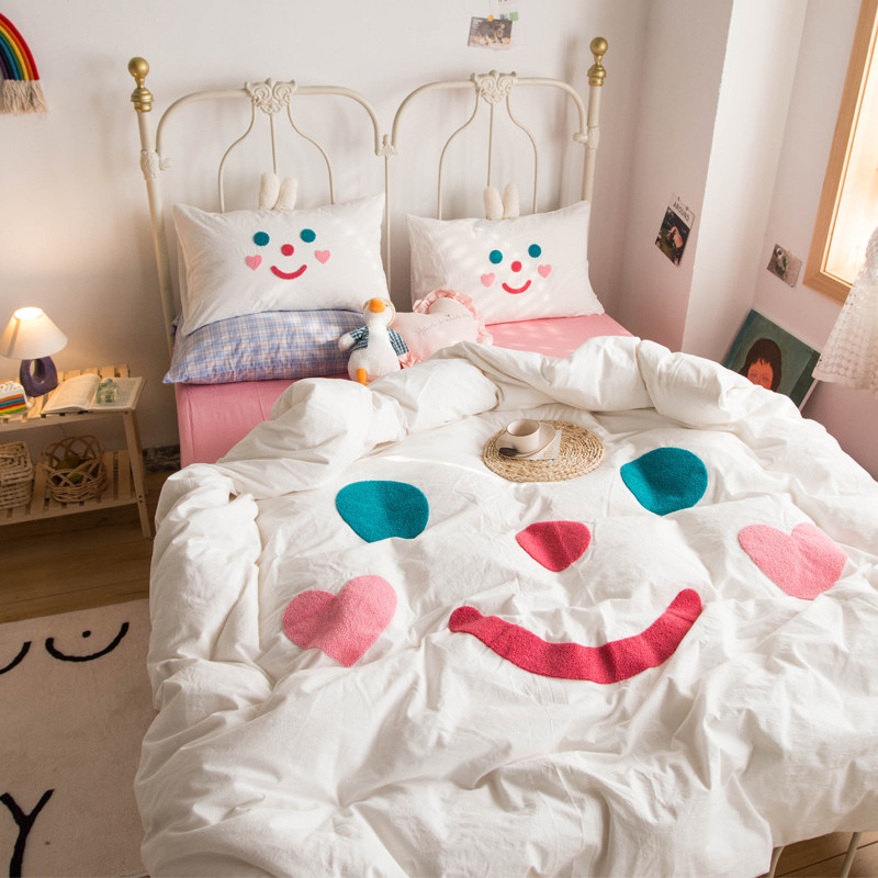 ins meta-gas adolescent girl hearts pure cotton washed cotton towels embroidered with four sets of full cotton quilt cover cute cartoon bed bedding