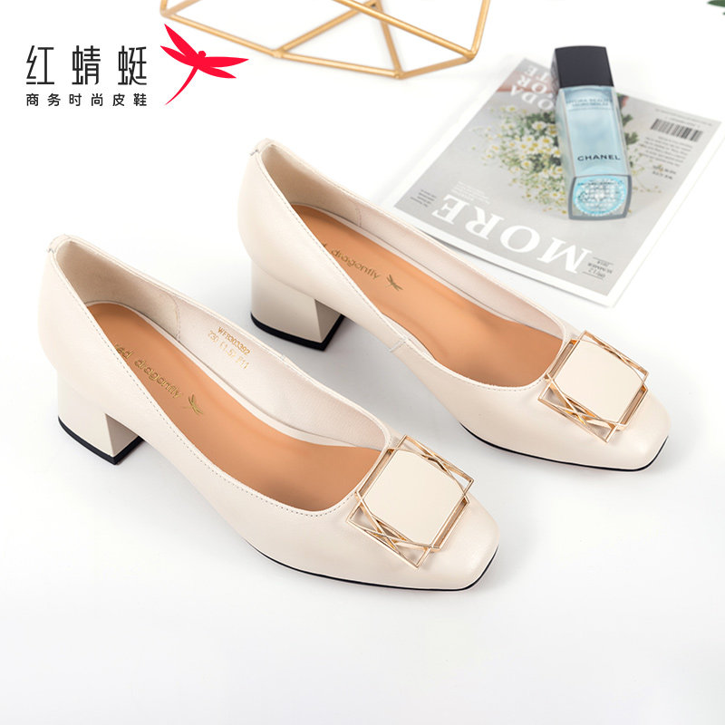 Red Dragonfly girl 2022 new coarse heel shoe female leather heel shoe square shoe head shallow professional high heel shoes