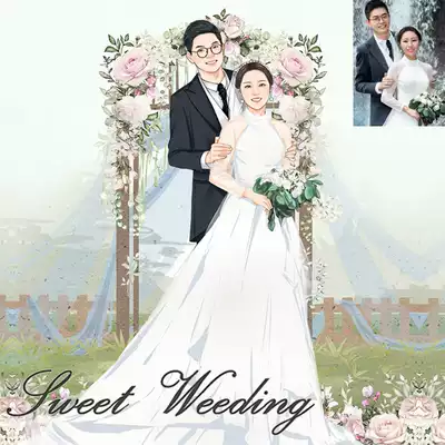 Beautiful wedding Live Photo Cartoon Cartoon please post logo design couple Q version Avatar wedding invitation hand painted