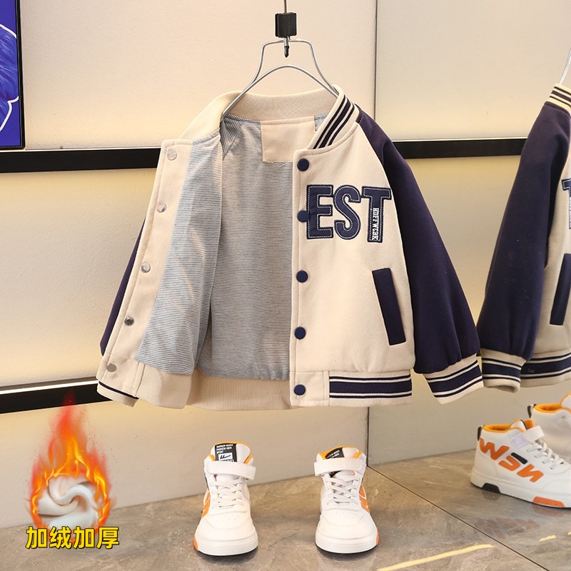 Baseball Jacket for Boys, Autumn and Winter New Style, Fleece-Lined Top for Babies, Stylish Children's Autumn Clothing, Boys' Jacket, Cool and Trendy
