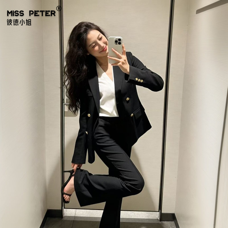 Miss Peter's Black Metal Double-Breasted Blazer for Female College Students, Interview Formal Wear, Waist-Cinching Suit Set, Ol Miss Peter's Black Metal Double-Breasted Blazer for Female College Students, Interview Formal Wear, Waist-Cinching Suit Set, Ol
