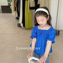 Girls Bubble Sleeve Shirt Summer 2022 New French - style Doll Shirt Baby Cline Blue Short Sleeve Coat