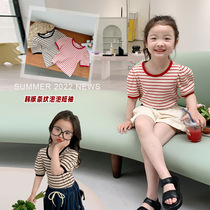 Girls Bubble Sleeve T - shirt Summer Clothes 2022 New Yang Han Edition Childrens Round - sleeve Strip tide