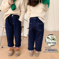 Girls fleece jeans 2022 autumn and winter clothes for boys and girls thickened one-piece fleece casual trousers childrens straight pants