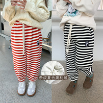 Childrens loose-fitting sports pants 2022 autumn and winter girls baby casual sweatpants plus velvet striped long pants trendy