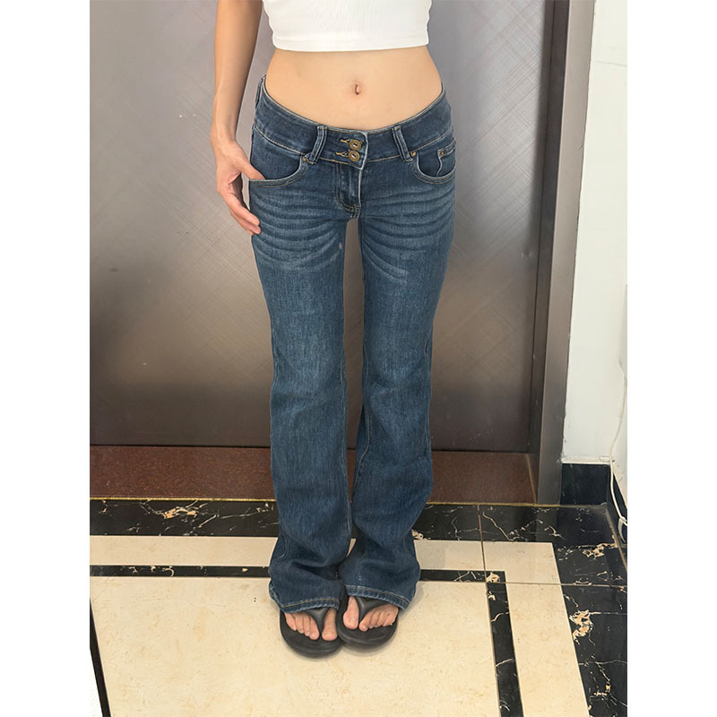 Vintage Girl Retro Washed Old-School Hot Girl Tight-Fitting Double-Button Low-Waist Flared Denim Floor-Length Pants Vintage Girl Retro Washed Old-School Hot Girl Tight-Fitting Double-Button Low-Waist Flared Denim Floor-Length Pants