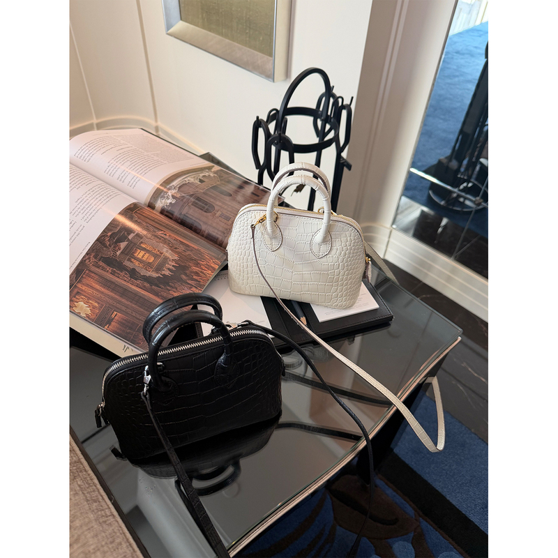 1/4 "Waiting for It" Jennie Bowling Bag, Leather with Luxurious Crocodile Pattern and Oil Edge Craftsmanship, Handheld/Crossbody 1/4 "Waiting for It" Jennie Bowling Bag, Leather with Luxurious Crocodile Pattern and Oil Edge Craftsmanship, Handheld/Crossbody