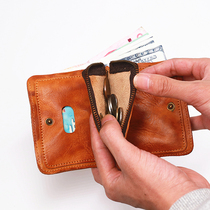 European and American retro headlayer Cow Leather Genuine Leather leather Tanning Leather handmade folds Do the old zipper Zero with youth portable little purse