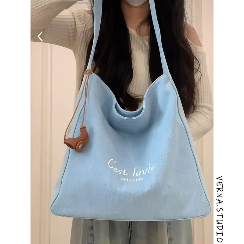 Sky Blue Large-Capacity Portable Canvas Bag 2026 New Korean Style Ins Student Casual Shoulder Tote Bag