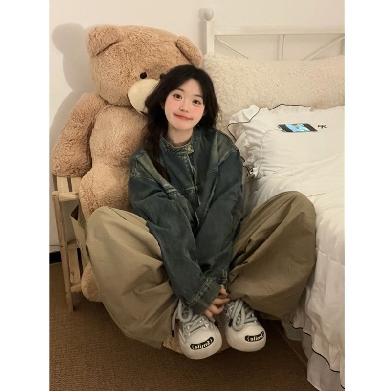 American retro washed up for old denim jacket ladies spring autumn 2023 new loose tooling jacket blouses-Taobao