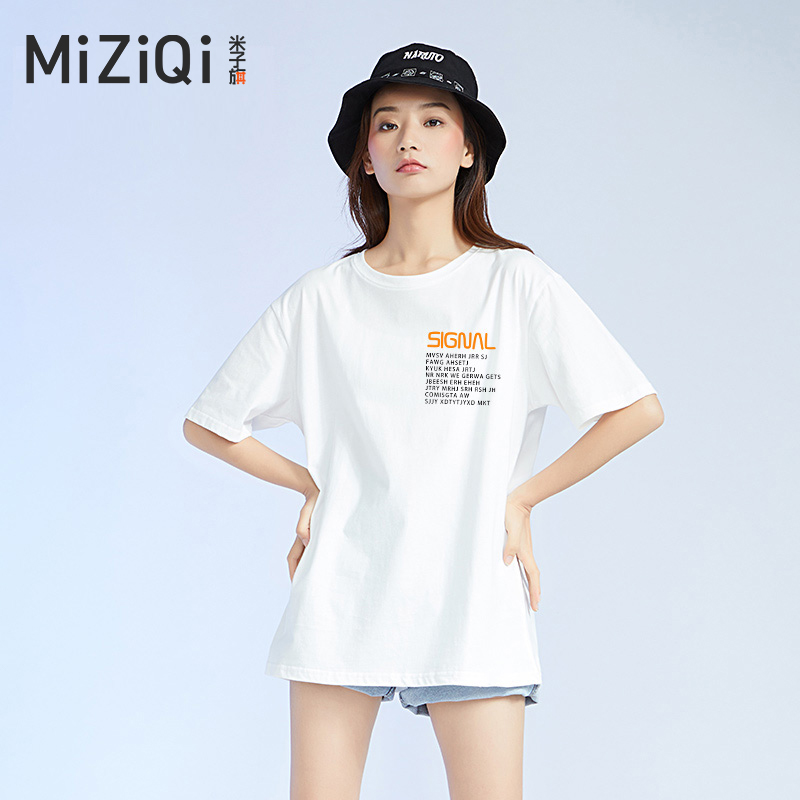 Miko Flag Printed Hit Bottom Short Sleeve T-shirt Woman Loose Korean version 2022 Summer new Lazy Wind Pure Cotton T-shirt