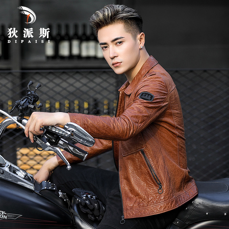 Henning Locomotive Clothing Leather Clothes Men Genuine Leather Short turning oil wax sheep leather jacket men's hunted jacket Chaoters