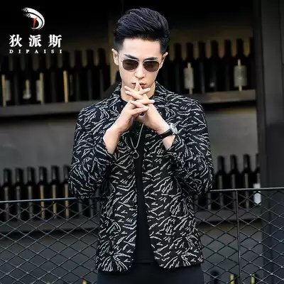 Haining leather leather clothing men's short suit collar sheepskin jacket men's leather suit printed slim trend jacket
