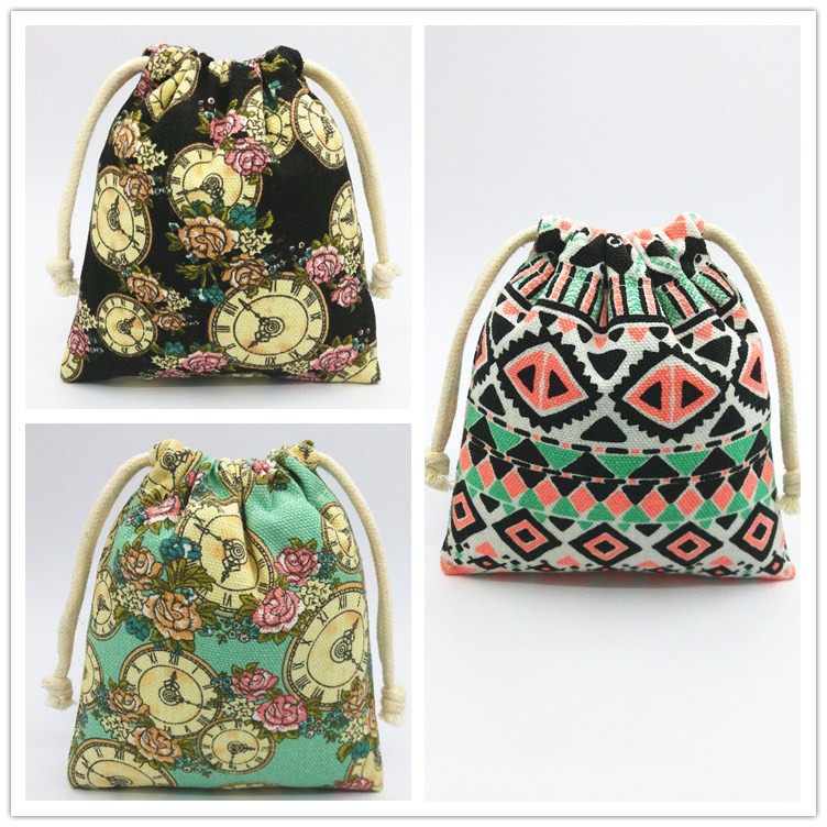 Canvas retro fresh clock flower geometric ethnic style mobile phone key change cosmetic bag storage drawstring pocket