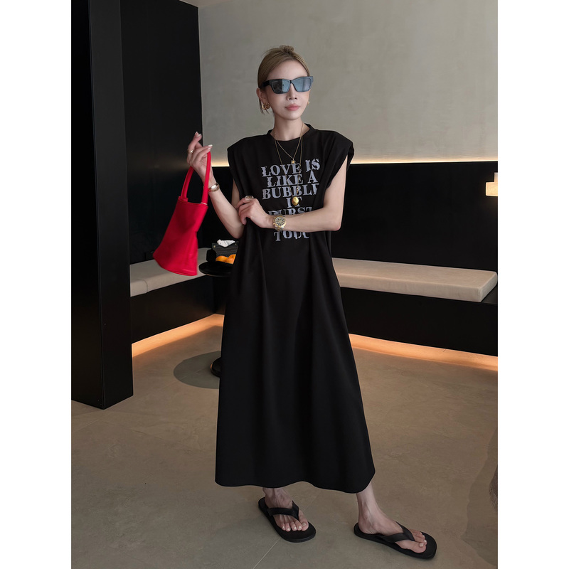 Qiu Xiaoli's New Summer Korean-Style Flutter Sleeve Letter Print Versatile Mid-Length T-Shirt Dress for Women