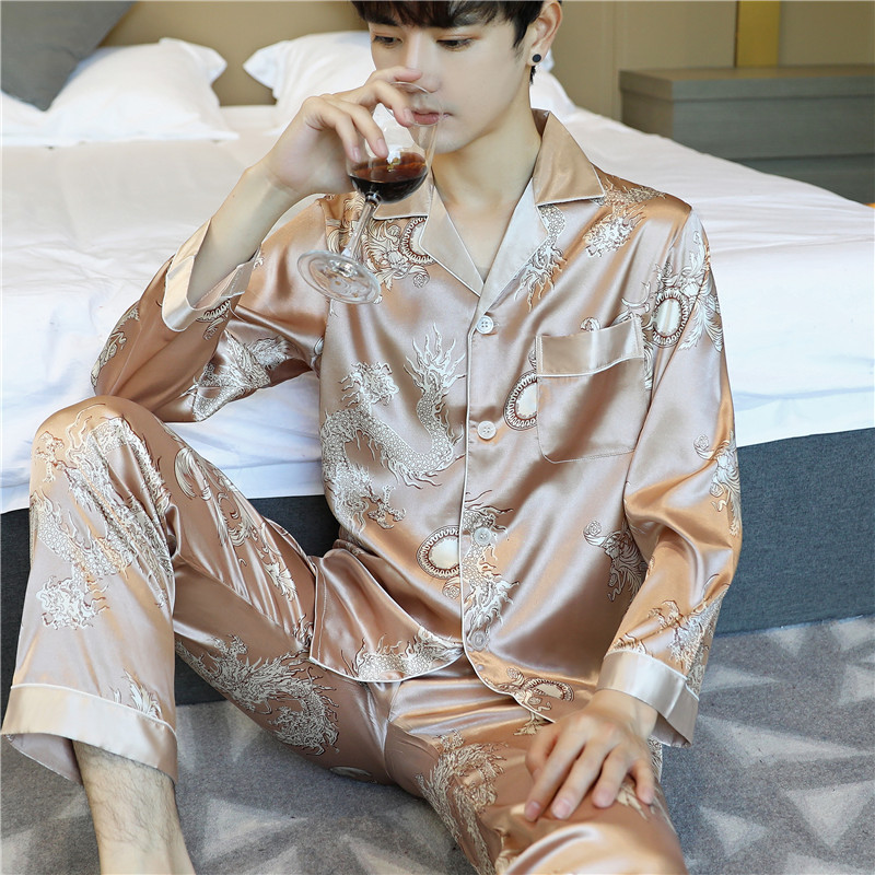 Men's Pajamas Long-Sleeved Spring and Autumn Silk Suit Youth Summer Thin Luxury Ice Silk Large Size Casual Home Wear