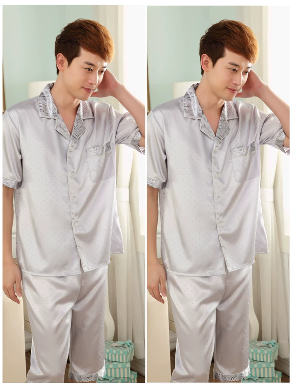 Đồ ngủ nam mùa hè băng lụa ngắn- tay quần short mỏng lụa đồ ngủ nam kích thước lớn thường lụa dịch vụ nhà phù hợp với do bo nam trung nien