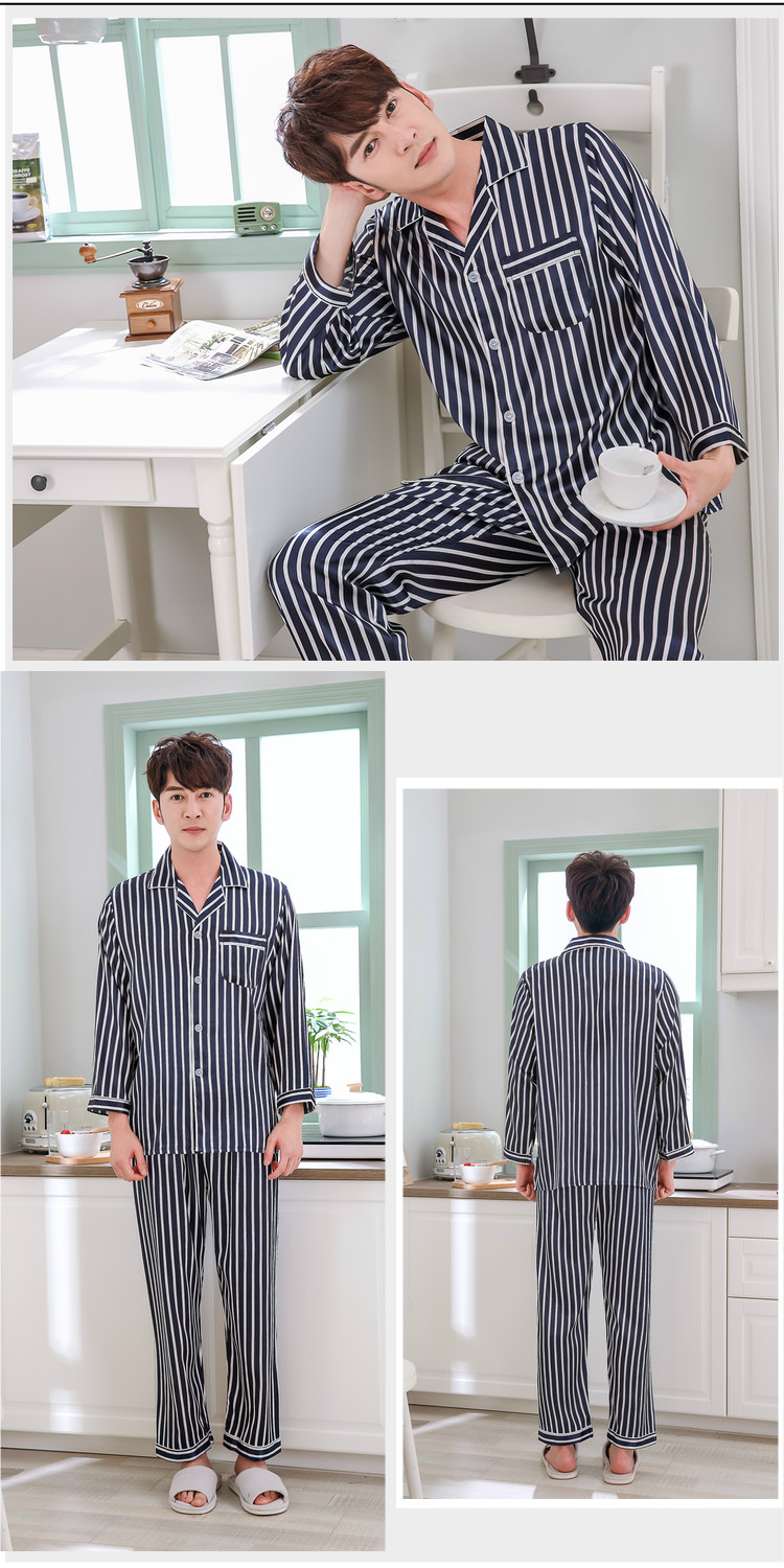 Bộ đồ ngủ nam mùa xuân và mùa thu dài tay lụa mỏng đồ ngủ nam XL giản dị mùa hè dịch vụ nhà ngắn tay lụa bộ đồ sz to cho nam