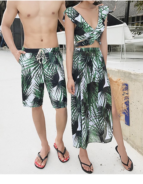Phiên bản Hàn Quốc 2019 của bộ đôi nữ phù hợp với quần lửng mỏng eo chống nắng kỳ nghỉ cho cặp đôi áo tắm bé trai năm điểm quần đi biển - Vài đồ bơi 	đồ đôi đi biển màu trắng	