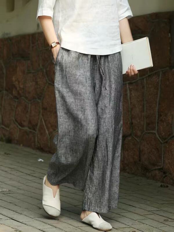 8931 High-End Luxury Old Money Style, Super Trendy, Yarn-Dyed Pure Linen with Gold Thread Wide-Leg Pants!