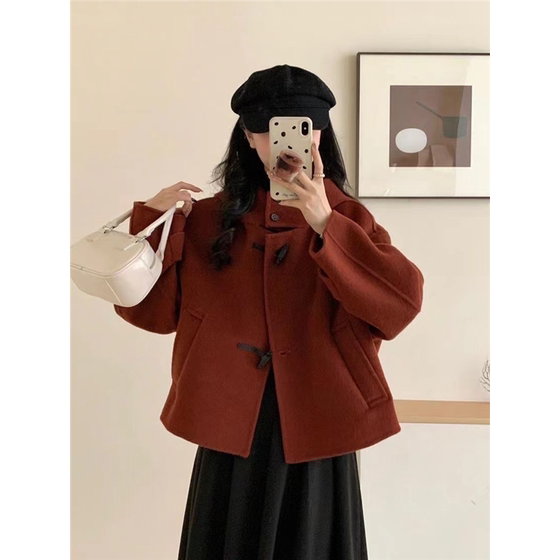
South Korea Dongdaemun Encore Red Double-Side Cashmere Coat Women's Short Hooded Small Wool Wool Jacket