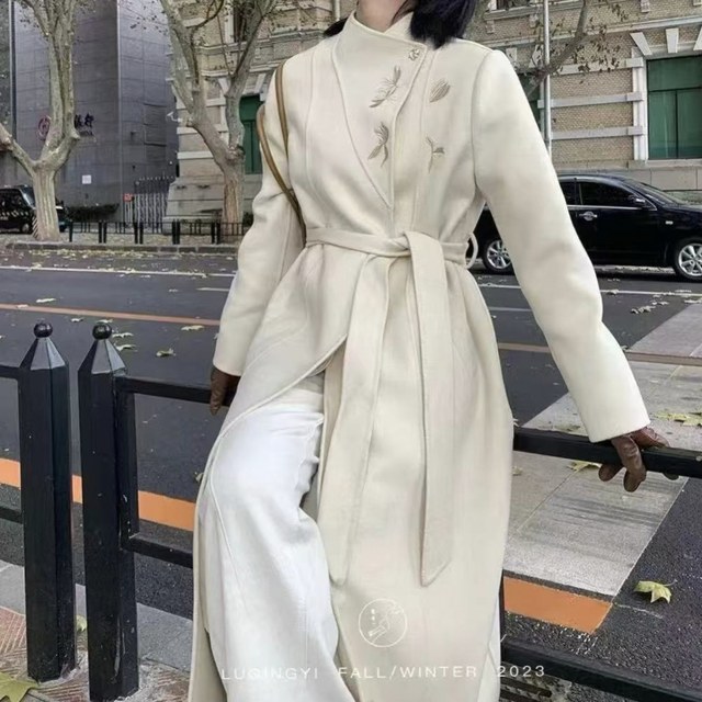 国风立领新中式刺绣双面羊毛大衣女2025秋冬新款长款显瘦毛呢外套