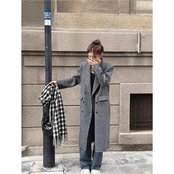 2025新款人字纹西装领双面羊绒大衣女双排扣过膝长款显瘦羊毛外套