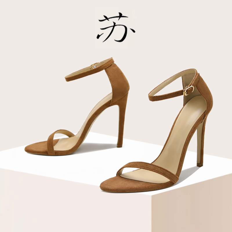 Su Social Brown 10cm Strap Sandals for Women, European and American Style, Sexy, Slimming, Nightclub Suede Open-Toe Stiletto High Heels