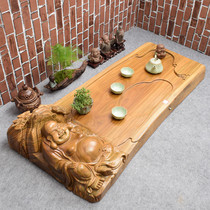 Green sandalwood tea tray Carved laughing Buddha Whole solid wood Kung Fu tea tea set Household tea table Tea sea tea tray Drainage