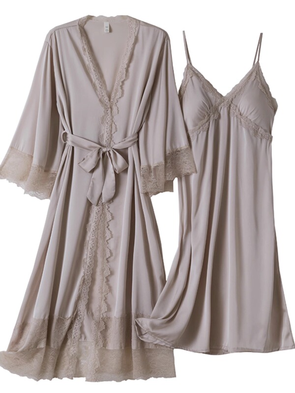 2026 New Spring and Summer Sexy Silk Pajamas for Women, Extra-Long Lace-Trimmed Camisole Nightgown and Robe Two-Piece Set, Solid Color