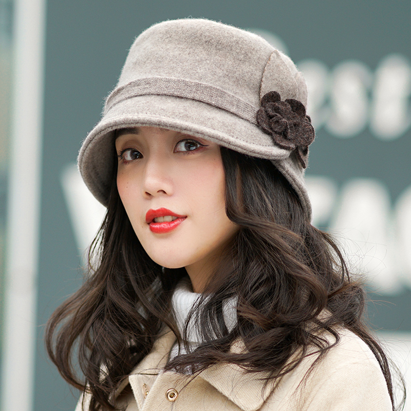 Hat women's autumn and winter Korean version of the tide all-match woolen basin hat elegant flower beret thickened woolen fisherman hat