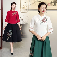 Mùa xuân 2019 mới kiểu dáng Trung Quốc cổ áo đứng Trung Quốc phong cách cotton và vải lanh thêu áo kiểu quốc gia retro áo sơ mi nữ mỏng - Áo sơ mi