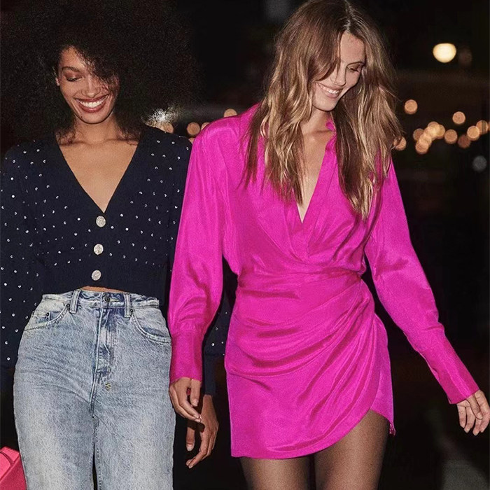 Australian niche design original single fashion sexy temperament asymmetrical pleated V-neck silk shirt dress summer