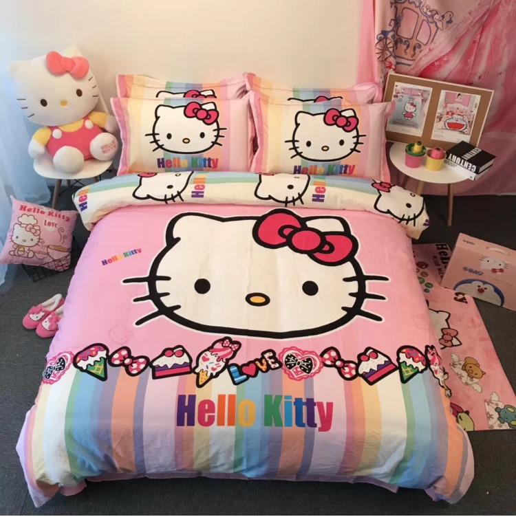 Bông Hello Kitty gia đình kt bốn chải Holle bông chăn chào con mèo cô gái cô gái Sheets - Bộ đồ giường bốn mảnh bộ chăn ga gối đệm cưới đẹp