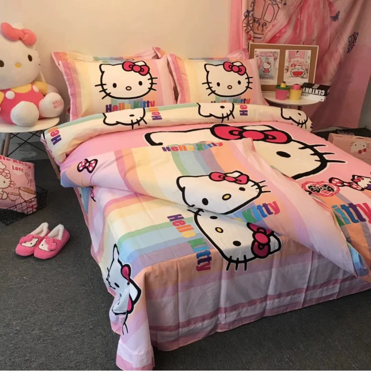 Bông Hello Kitty gia đình kt bốn chải Holle bông chăn chào con mèo cô gái cô gái Sheets - Bộ đồ giường bốn mảnh