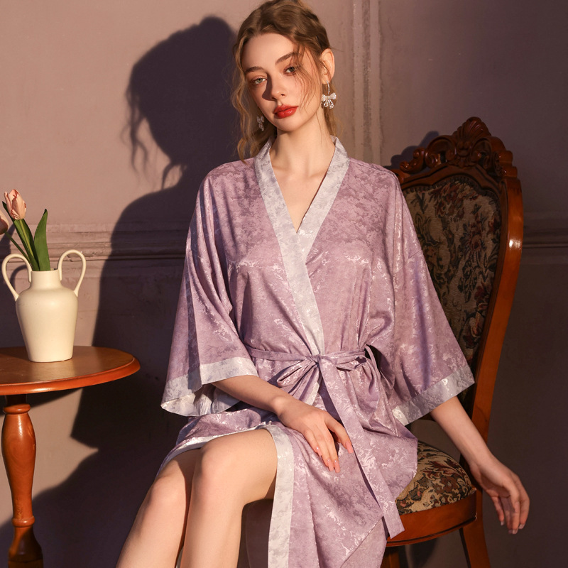 New Chinese Style National Style Ice Silk Nightgown for Women, Spring and Summer Mid-Length Sexy Light Luxury Floral Print Loose Bathrobe Home Wear