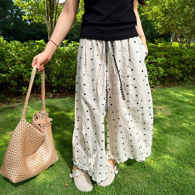 S-She Summer Thin Linen Polka Dot Cropped Pants Wide-Leg Loose Casual Straight-Leg Lace Pants High Waist 57076 S-She Summer Thin Linen Polka Dot Cropped Pants Wide-Leg Loose Casual Straight-Leg Lace Pants High Waist 57076