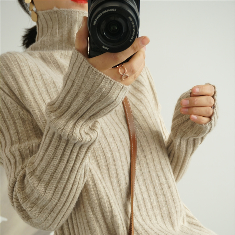2019 Fall/Winter New Cashmere Sweater Women's 100% Pure Wool Sweater Loose Strip High Neck Thickened Backing Sweater