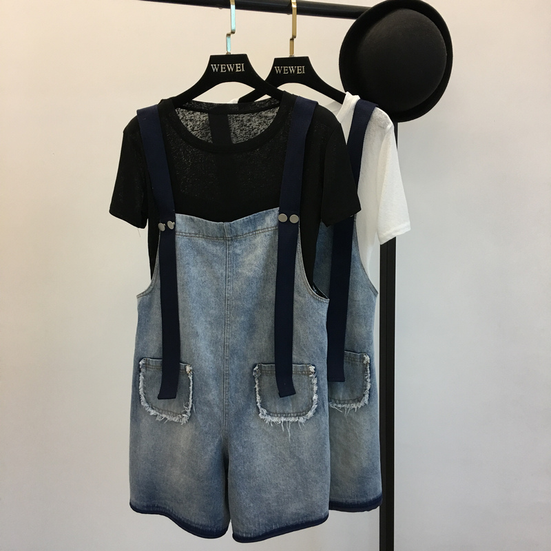 Quần short denim nữ 2018 mùa hè mới Hàn Quốc phiên bản của lỏng hoang dã kích thước lớn chất béo mm200 kg Xiêm treo quần áo nữ đẹp