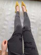 Italian C family letter gray embroidery style elastic slim jeans bottoming and two-wear pants