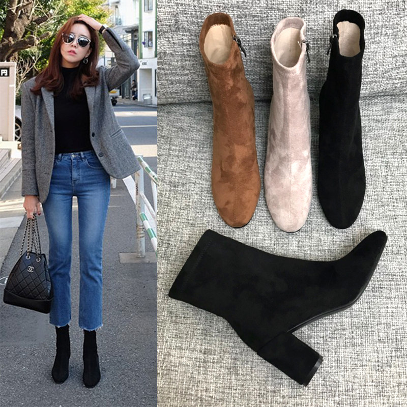 Short Boots Woman Spring Autumn 2022 New Single Boot Side Laced Girl Boots Rough Heel Square Head Nude Boots 100 Hitch Heel Martin Boots Winter