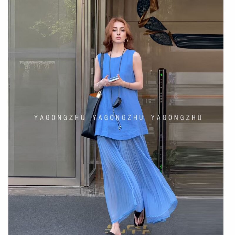 Yagongzhu Blue Dress High-End Relaxed Sleeveless Vest Dress with Spliced Fake Two-Piece A-Line Long Dress Yagongzhu Blue Dress High-End Relaxed Sleeveless Vest Dress with Spliced Fake Two-Piece A-Line Long Dress