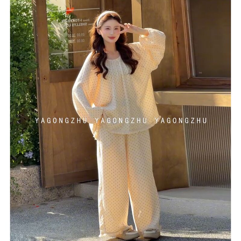 Korean-Style Gentle Style Polka Dot Pajamas for Women, Spring and Autumn, Round Neck, Loose Fit, Fringed Edges, Lazy Home Two-Piece Set 7