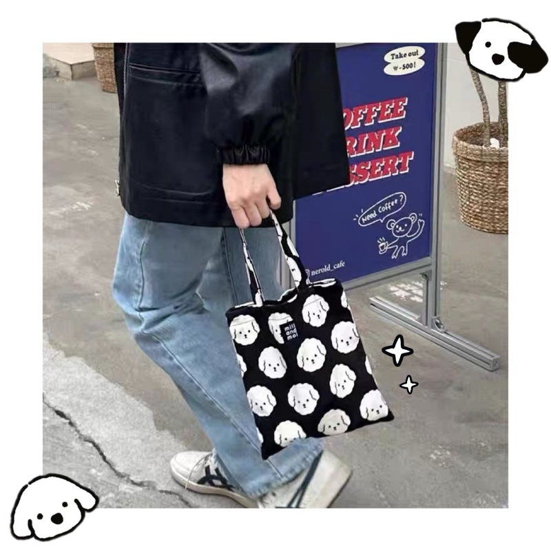 Korean-Style Cute Puppy Handbag, Girly Cream-Colored Bichon Mini Canvas Bag, Portable Storage Tote Bag for Outings
