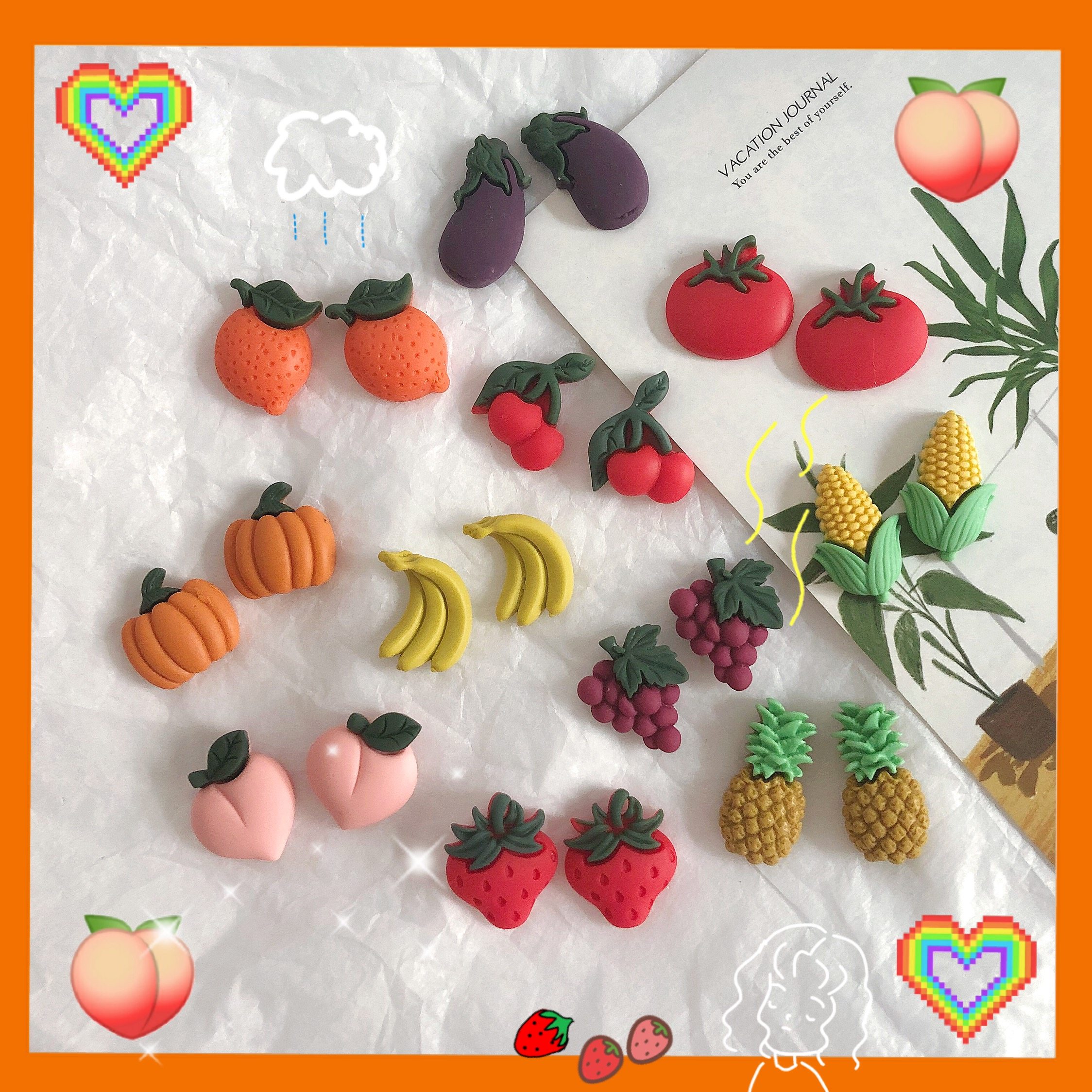 Fun Summer Childlike Cute Fruit Earshot Mesh Red Solid Strawberry Pineapple Earrings Earrings Sweet and Sweet Girl Hearts earrings